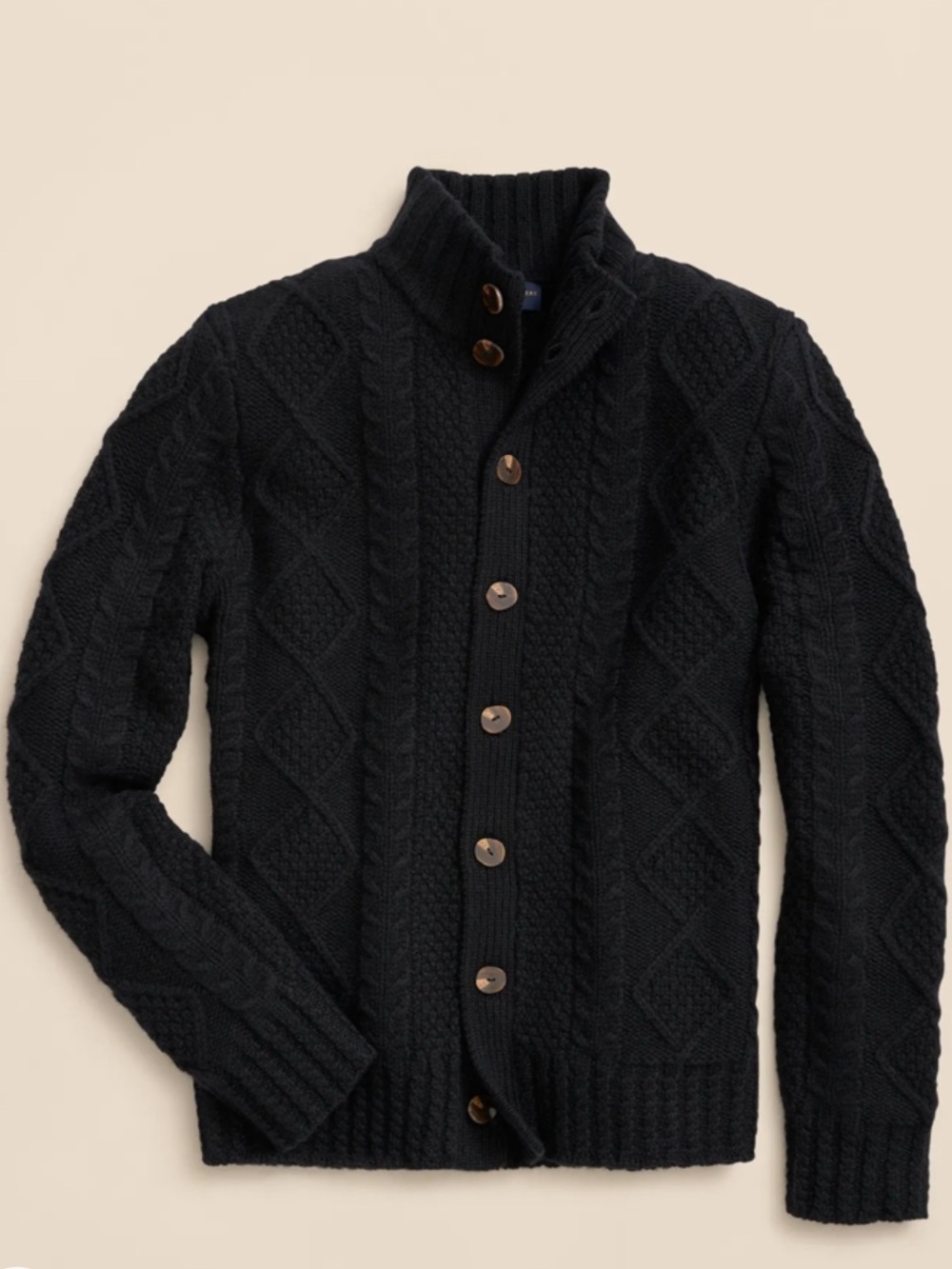 NWT Brooks Brothers Men's Black Merino Aran Cable Cardigan | XL